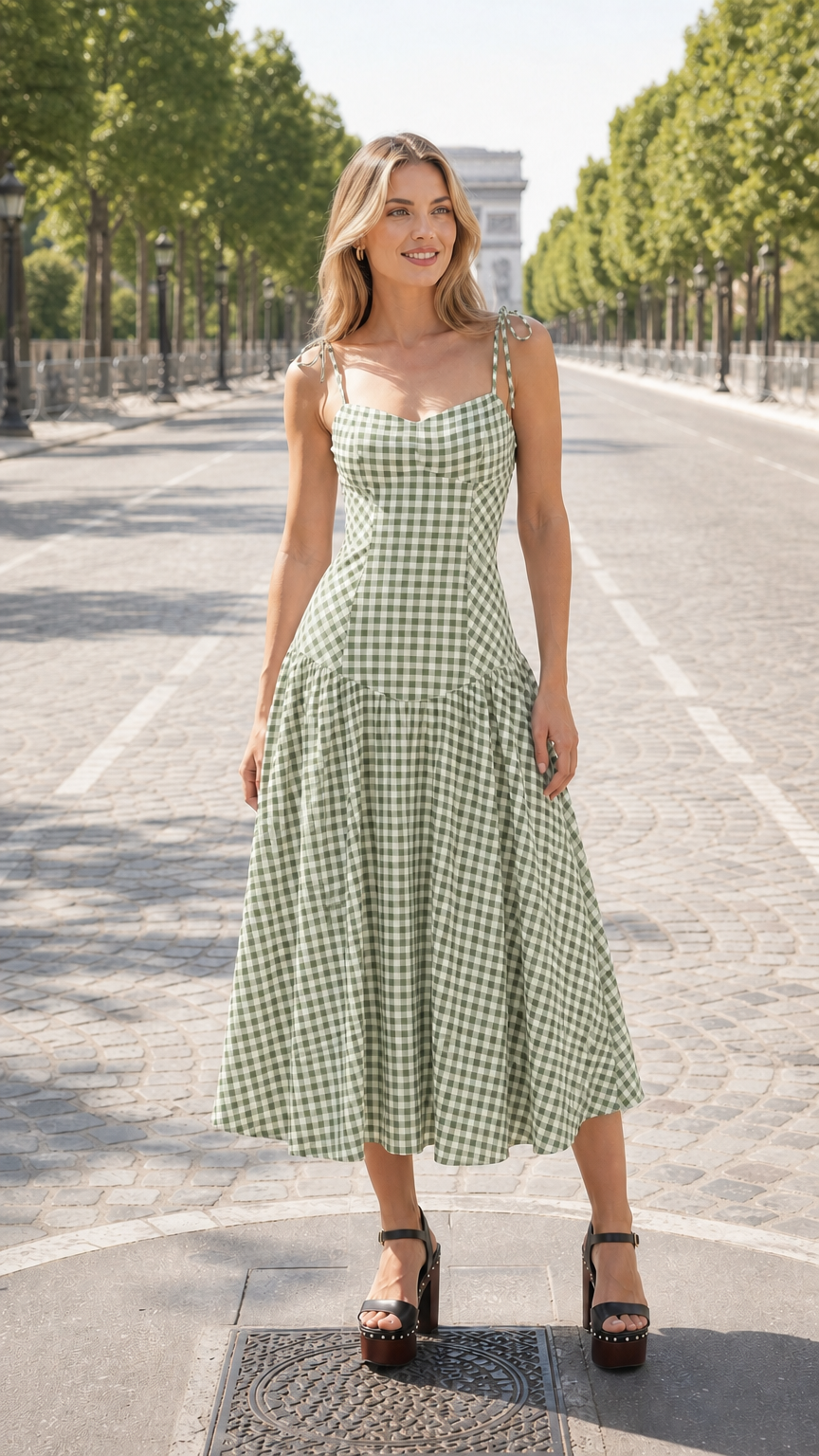 Green and white gingham midi dress variant on model