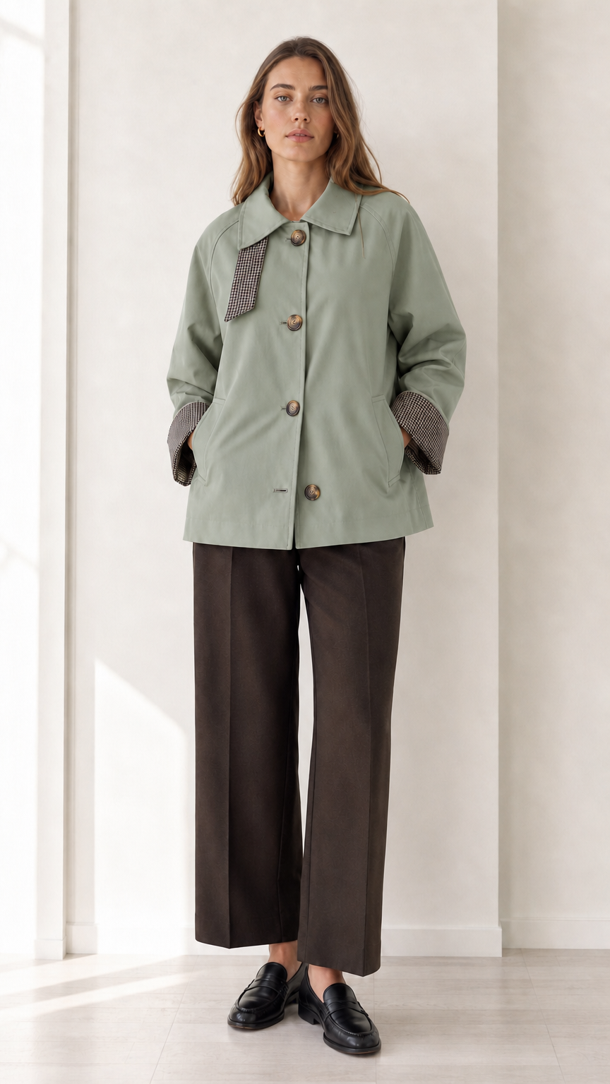 Front view of women's sage green button-up short trench jacket