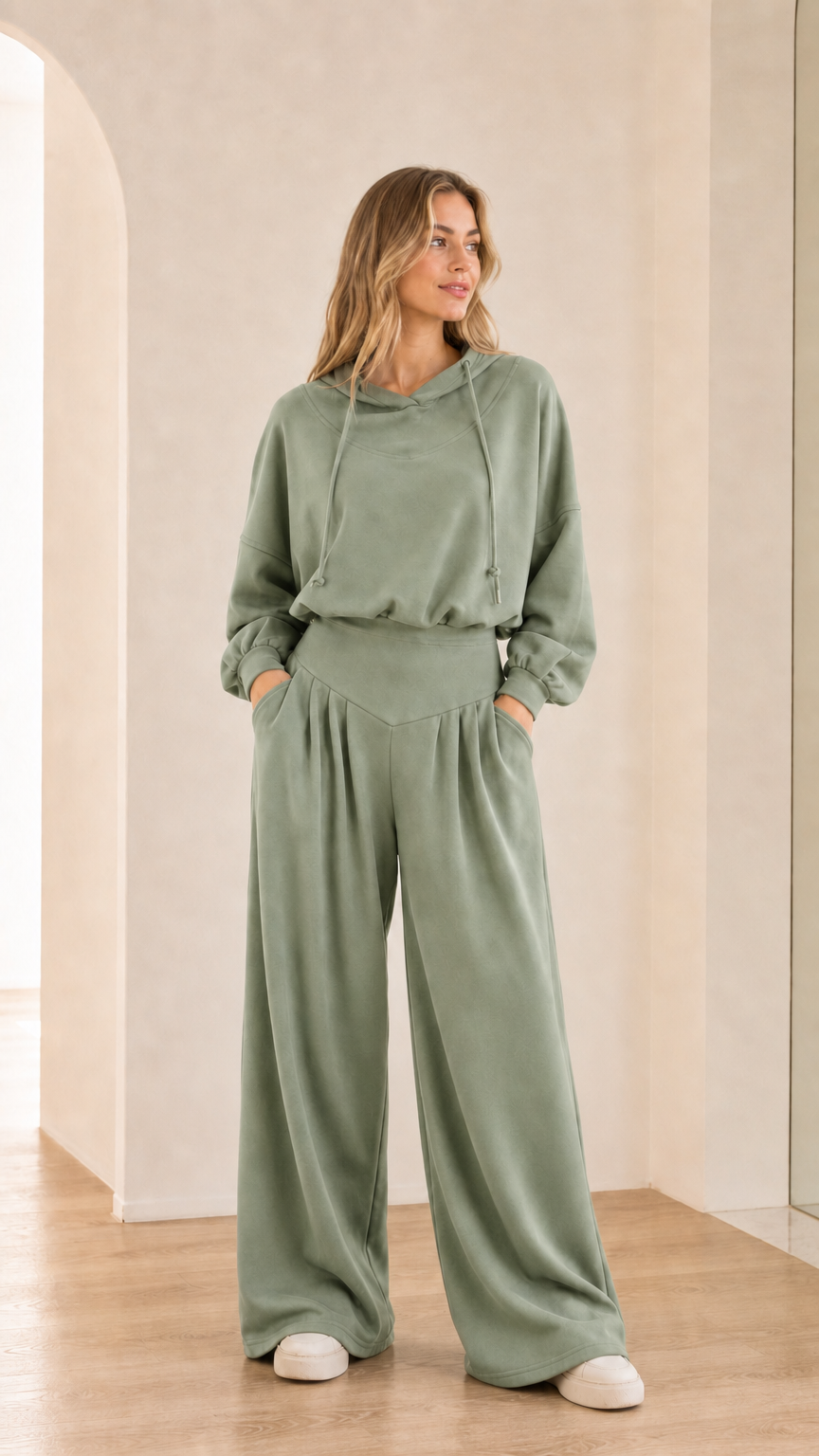 Full-body view of model wearing sage green 2-piece wide-leg hoodie set