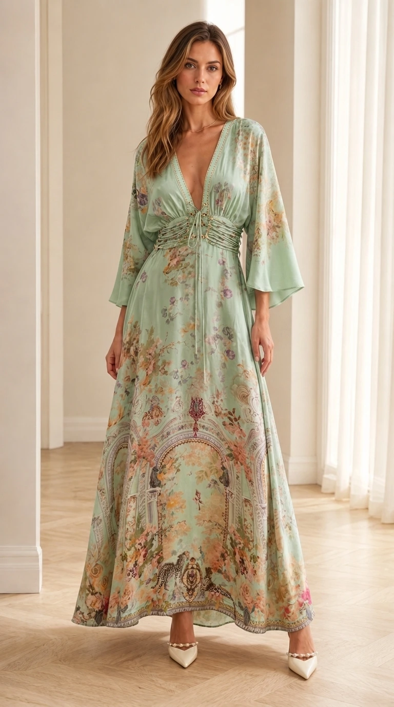 Front view of sage floral bohemian maxi dress