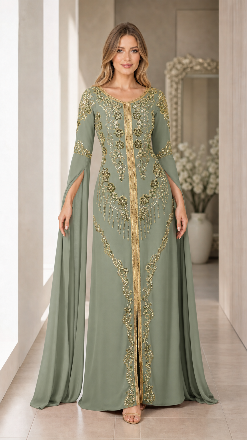 Front view of sage green embroidered cape sleeve kaftan formal gown