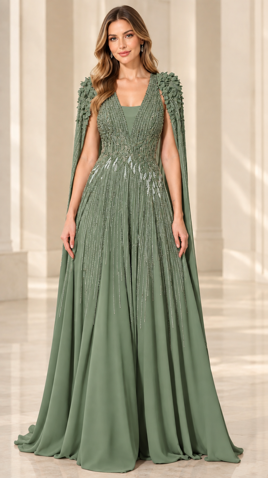 Sage green beaded formal gown with sweeping cape sleeves