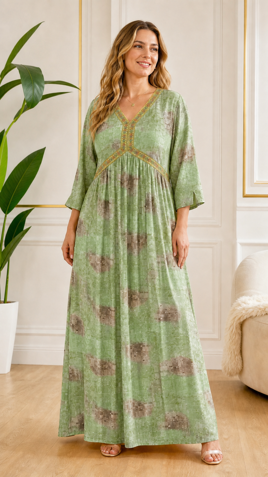Front view of model wearing Sage Green printed bohemian maxi dress