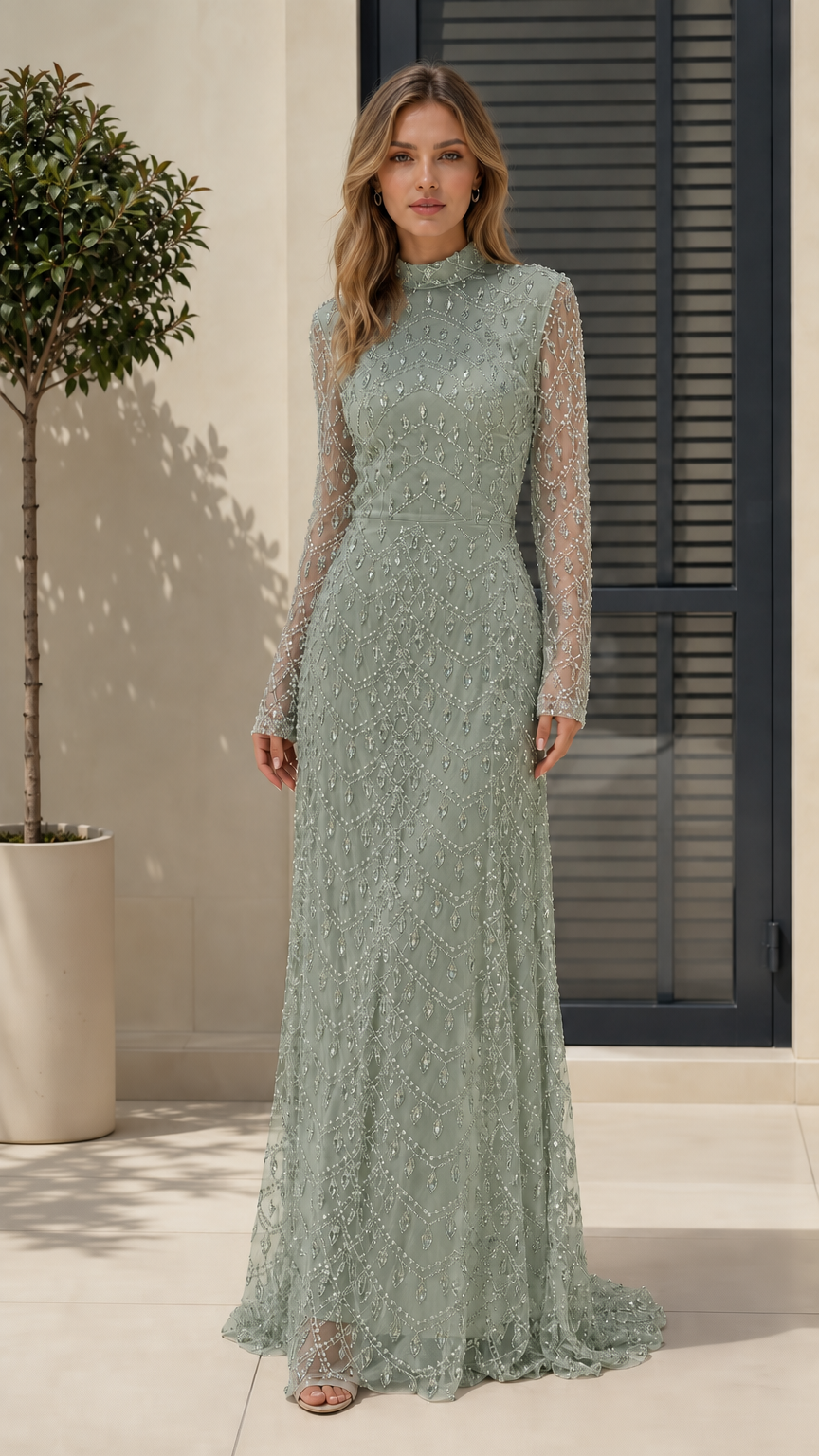Full length view of model in sage green sequin evening gown