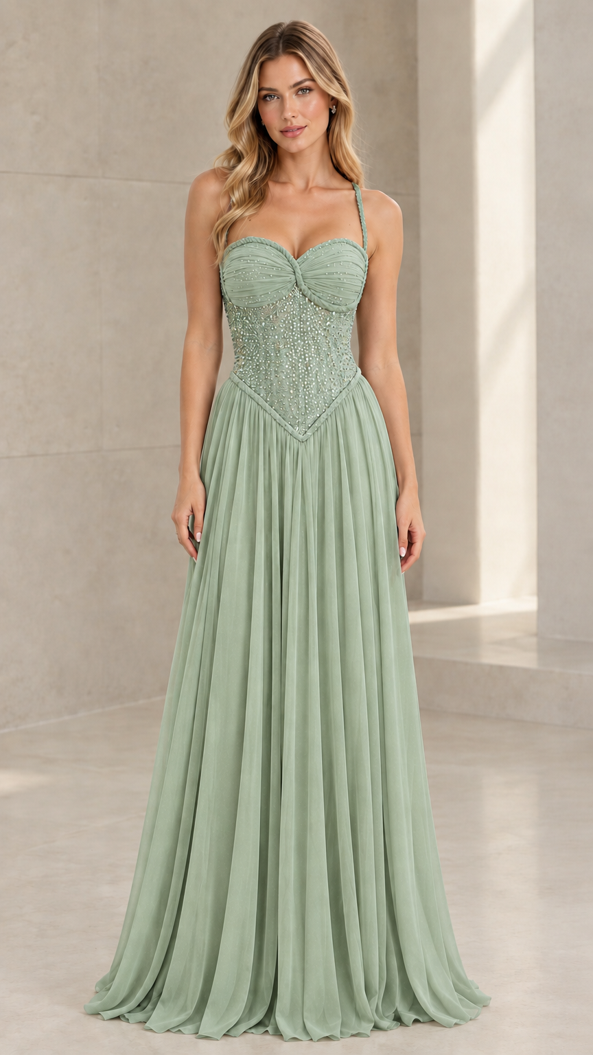 Front view of model wearing Sage Green beaded corset pleated chiffon dress