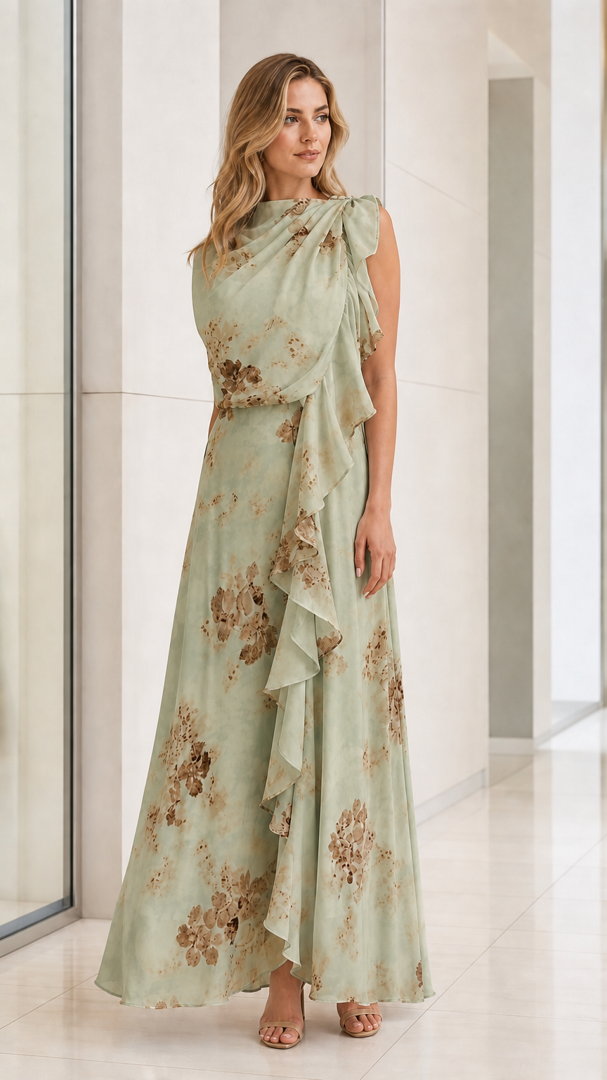 Front view of model in Sage Green floral ruffled maxi dress
