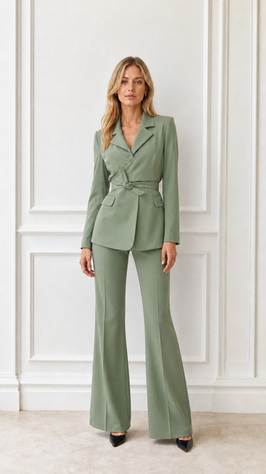 Full length view of woman in sage green blazer and flared pants suit