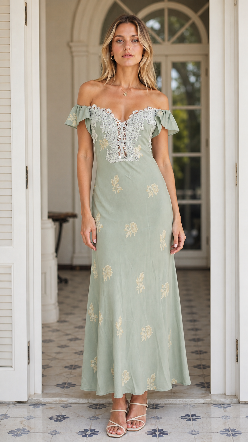 Front view of Sage Green floral lace trim maxi dress
