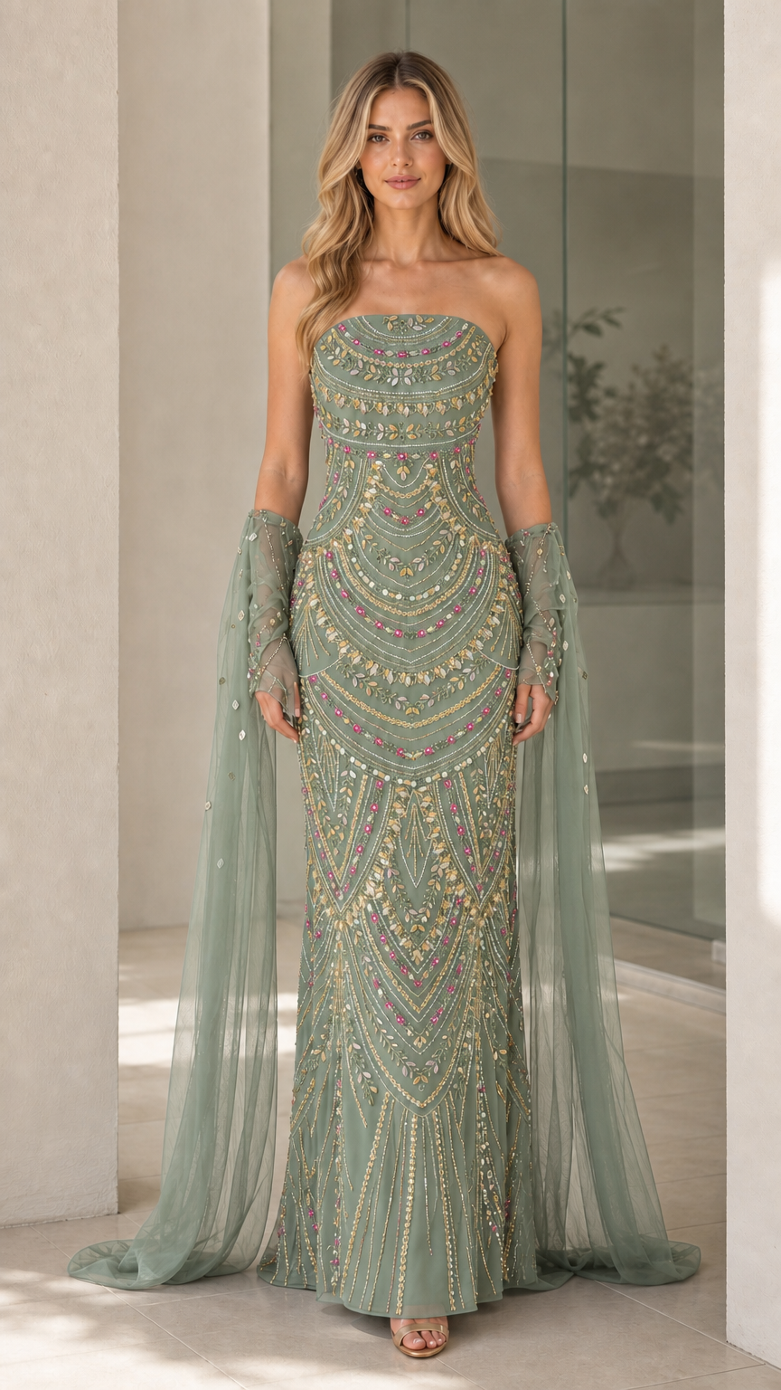 Sage green color variant of beaded strapless evening gown