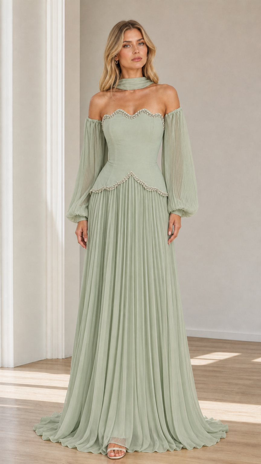 Front view of sage green off-the-shoulder beaded scalloped pleated maxi evening gown