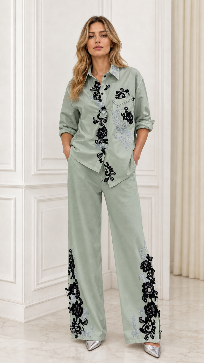 Full front view of sage green embroidered matching set
