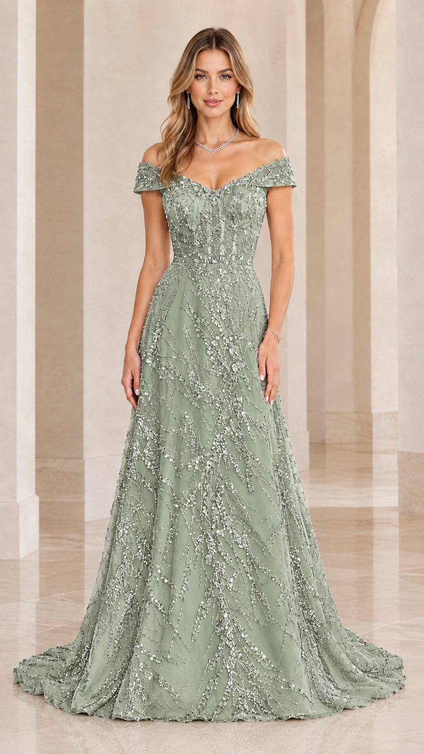 Front view of sage green off-the-shoulder sequined evening gown