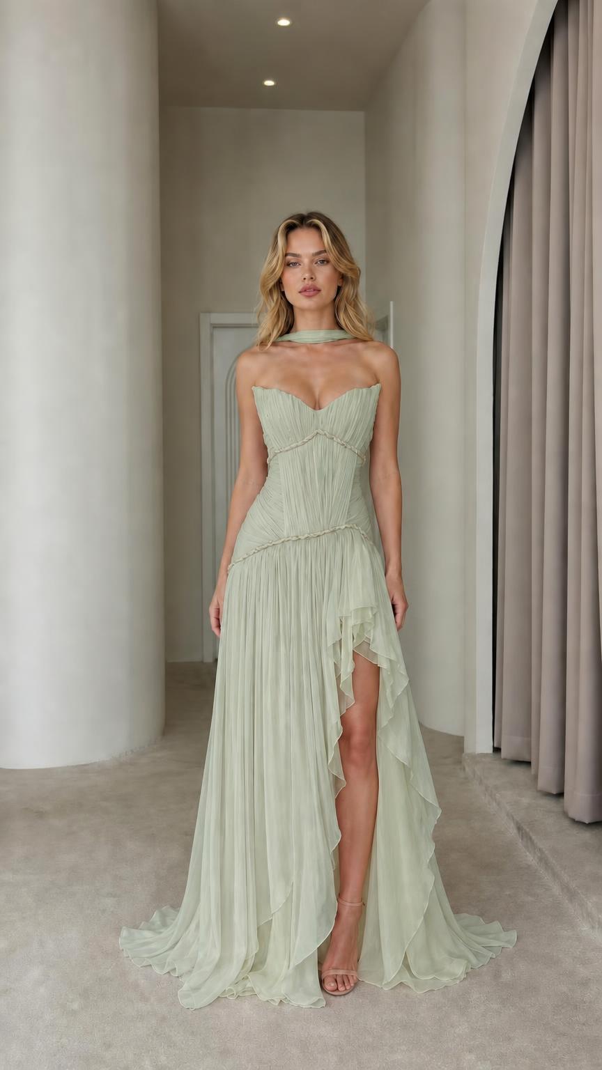 Sage green pleated chiffon formal maxi dress