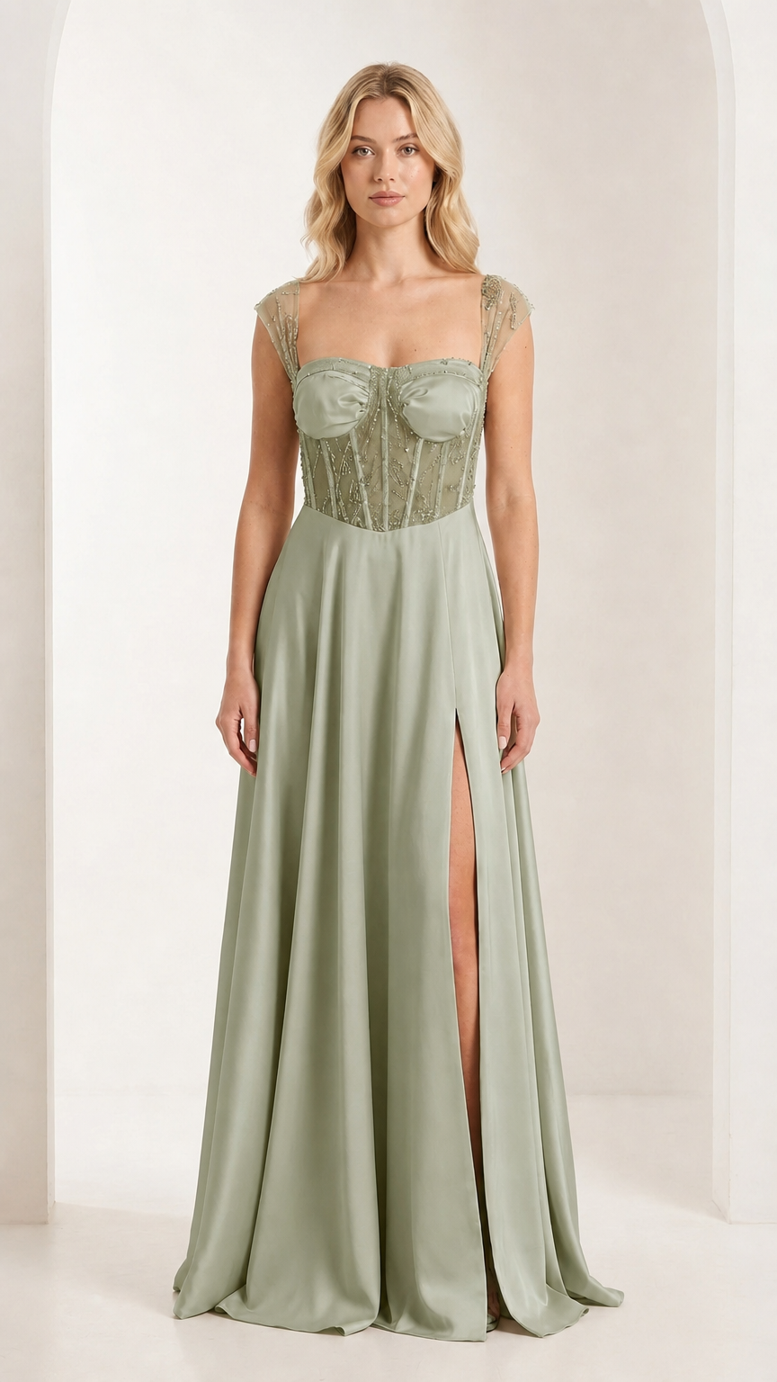 Front view of sage green corset evening gown