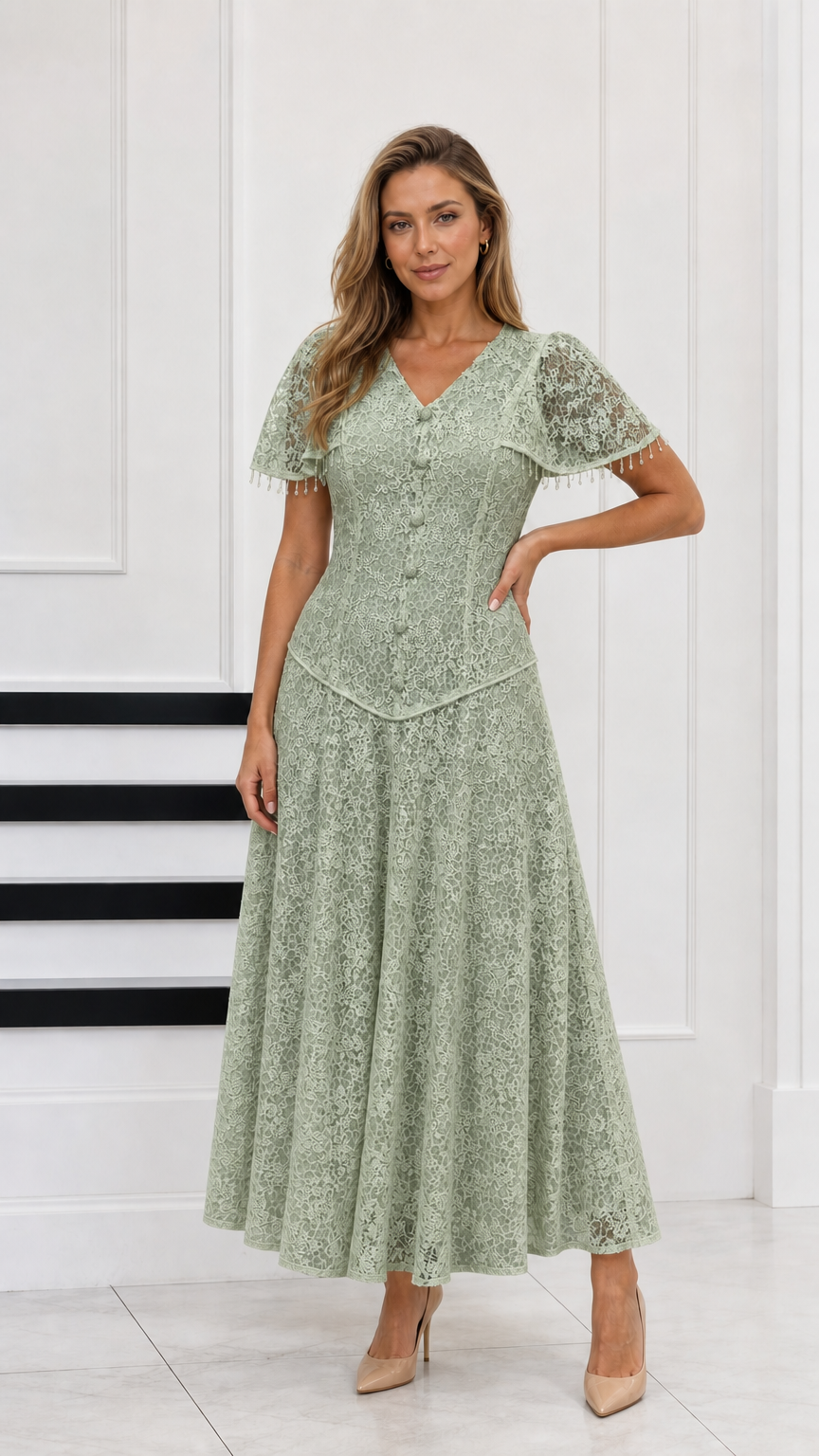 Full-length view of sage green floral lace maxi evening dress