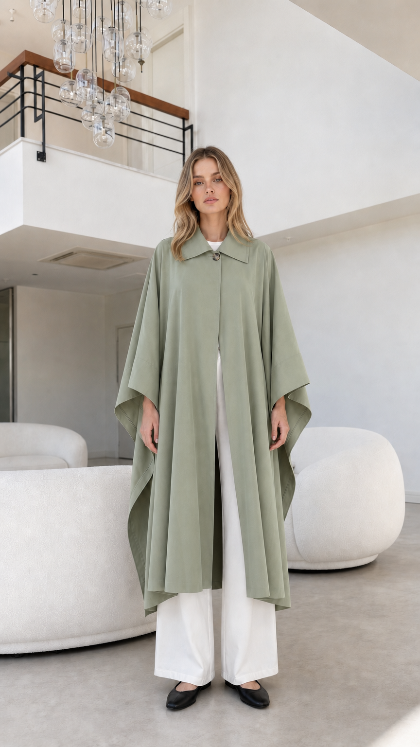 Full front view of model wearing sage green elegant longline cape coat