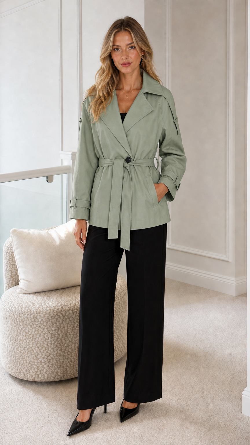 Model wearing sage green short belted trench jacket with wide lapels