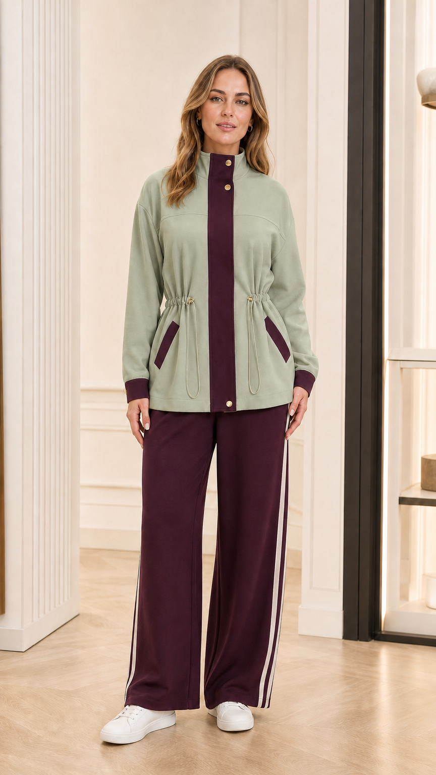 Model wearing sage green tracksuit jacket with burgundy contrast trim and burgundy wide-leg pants