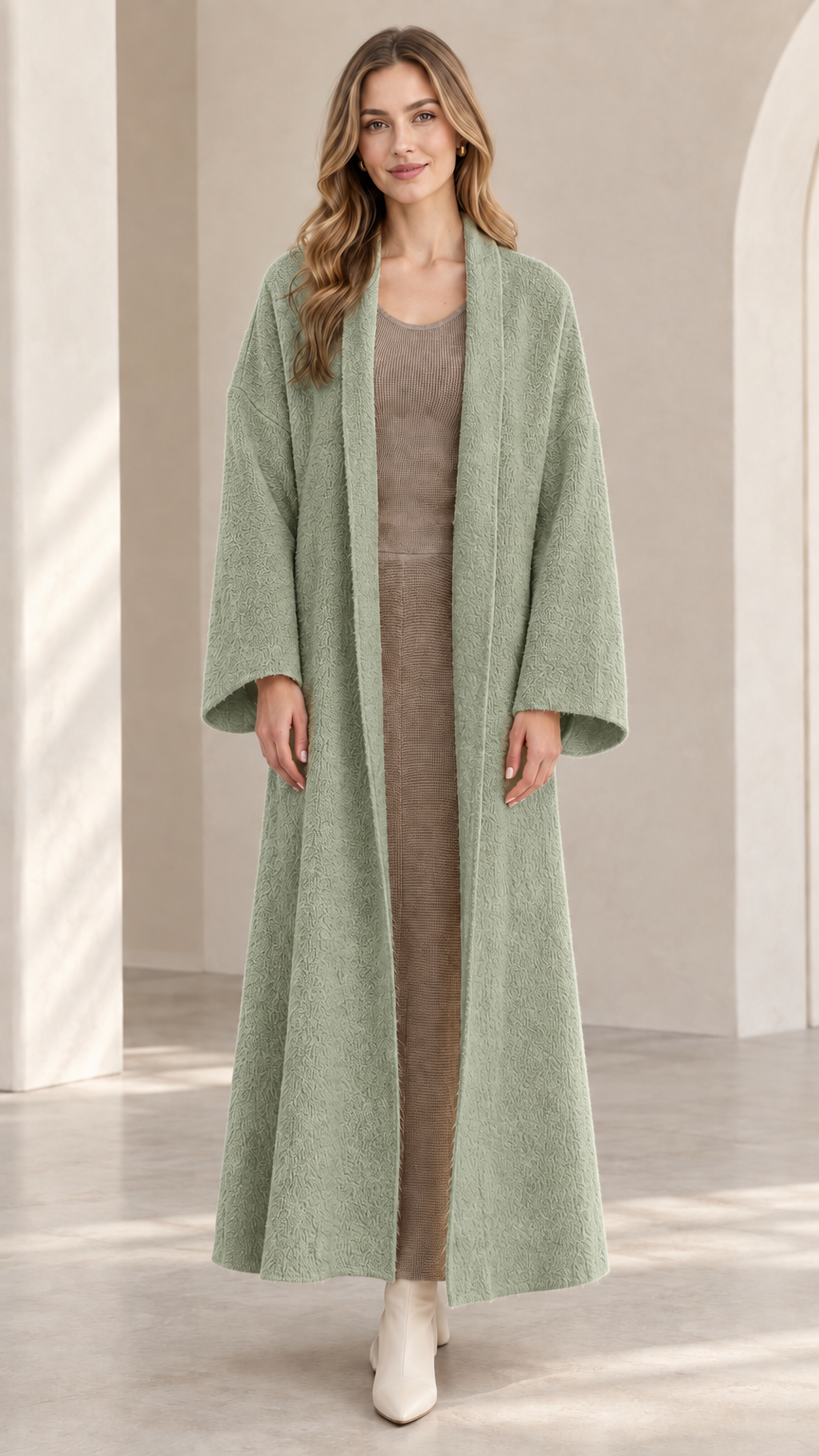 Front view of model wearing sage green textured longline open-front coat
