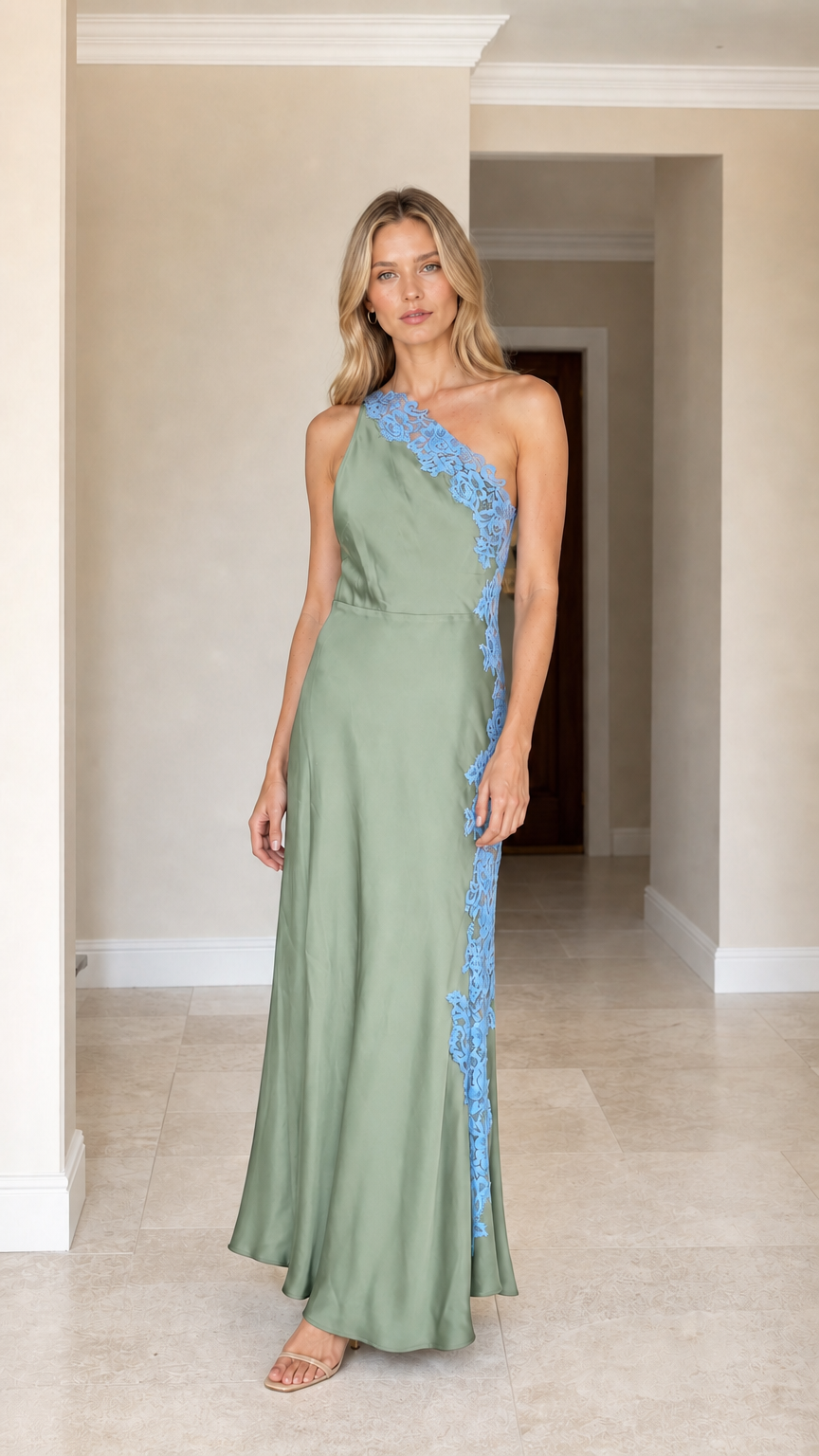 Front view of woman wearing sage green one-shoulder satin maxi dress with blue lace applique