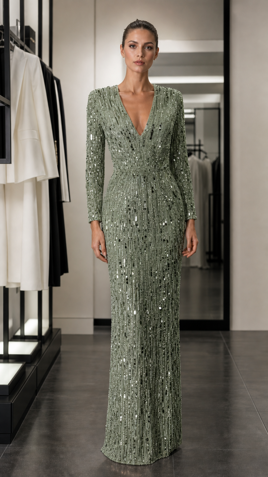 Front view of sage green sequined evening gown