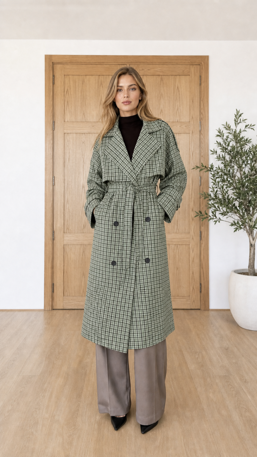 Woman wearing green plaid trench coat with belt