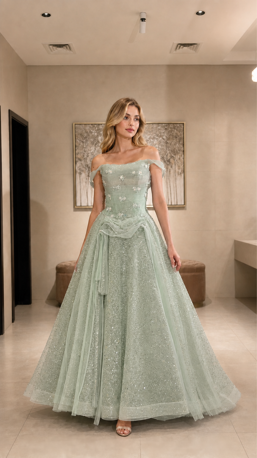 Model wearing sage green glitter tulle formal ball gown