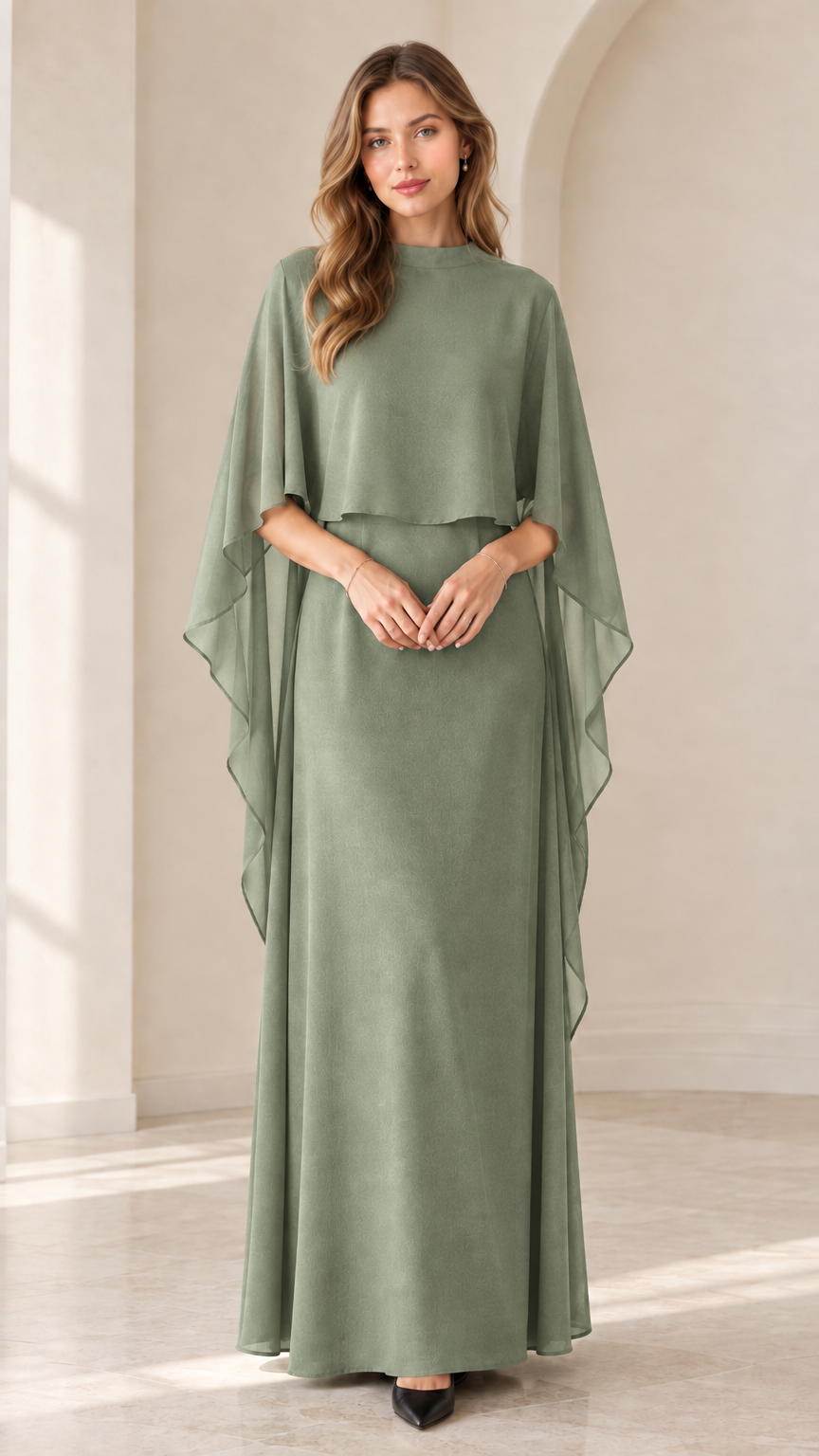 Sage green capelet chiffon formal maxi gown