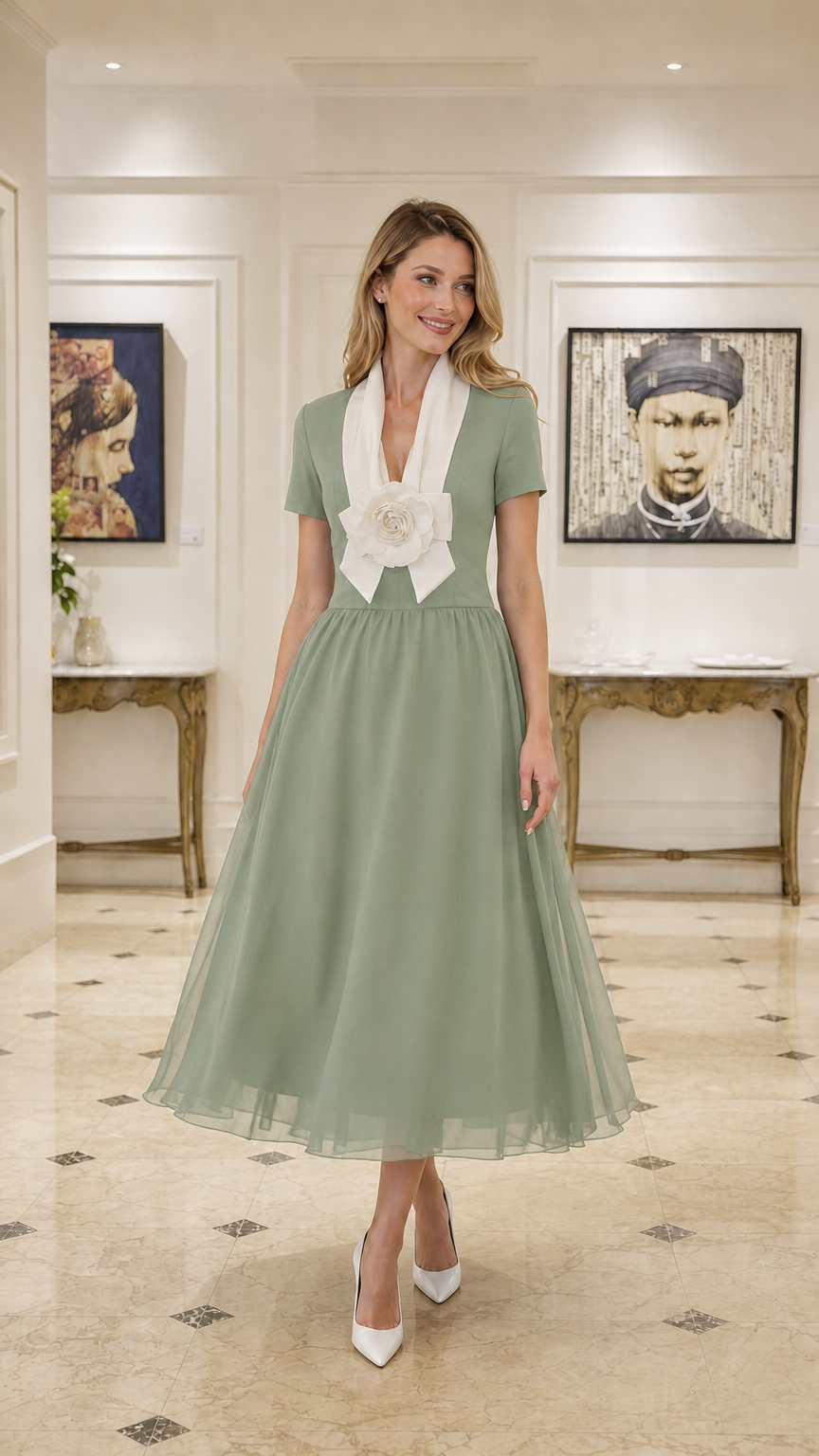 Front full view of Sage tulle midi dress