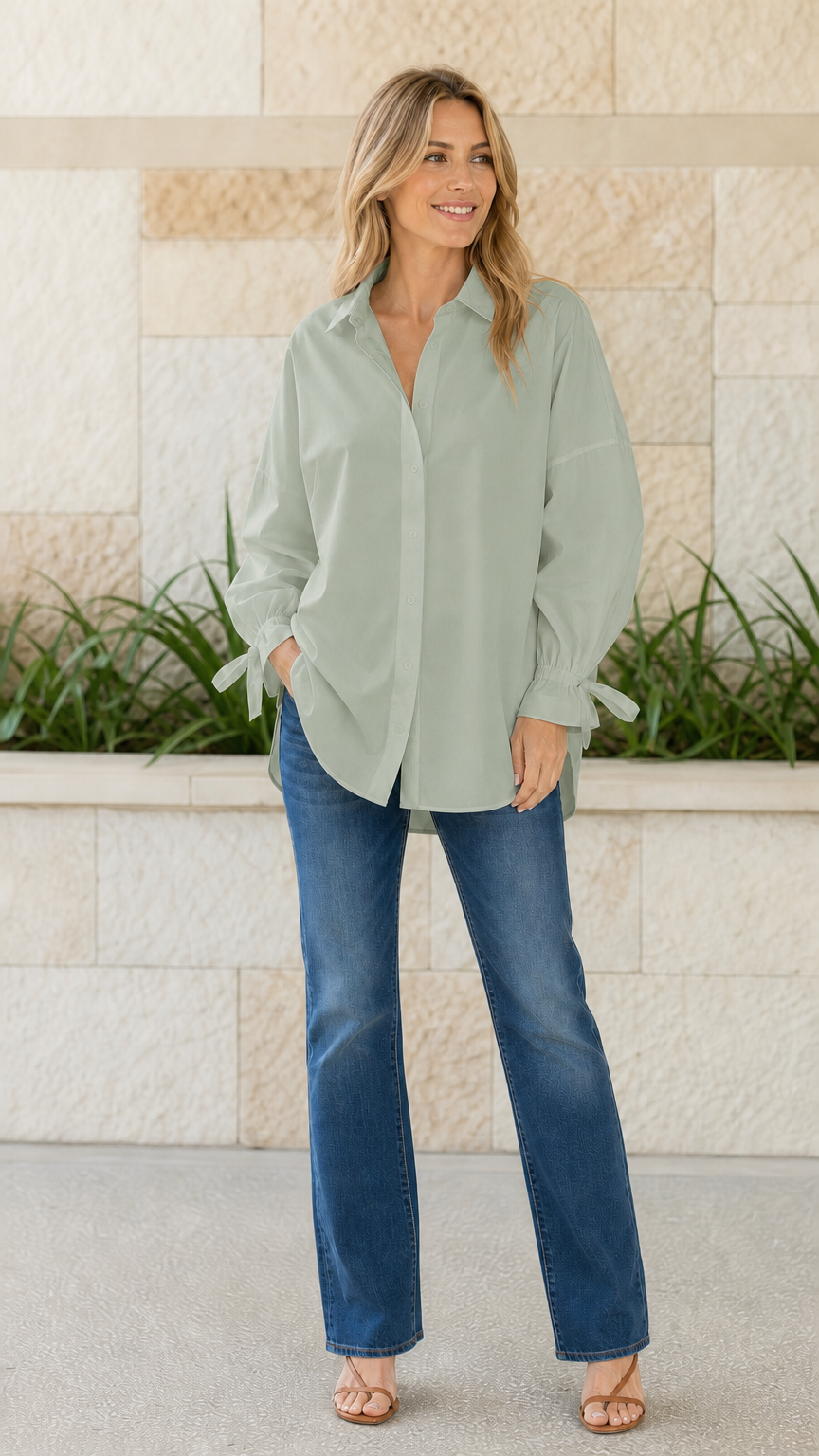 Woman wearing sage green oversized button-down shirt with tie cuffs