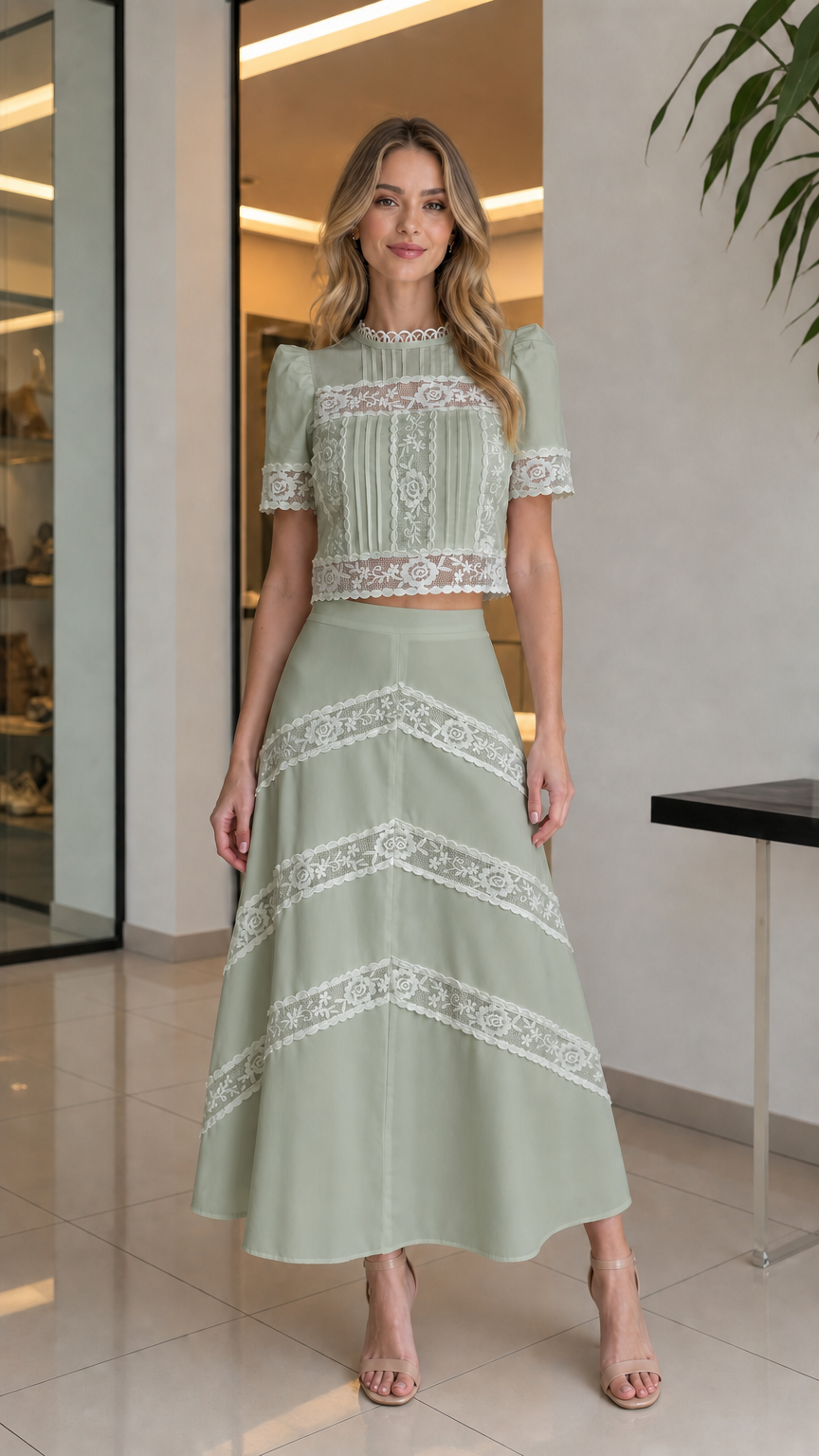 Full-body view of woman wearing sage green lace crop top and matching skirt set