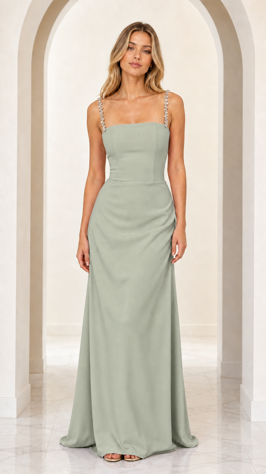Sage green square neck formal maxi dress with embellished straps