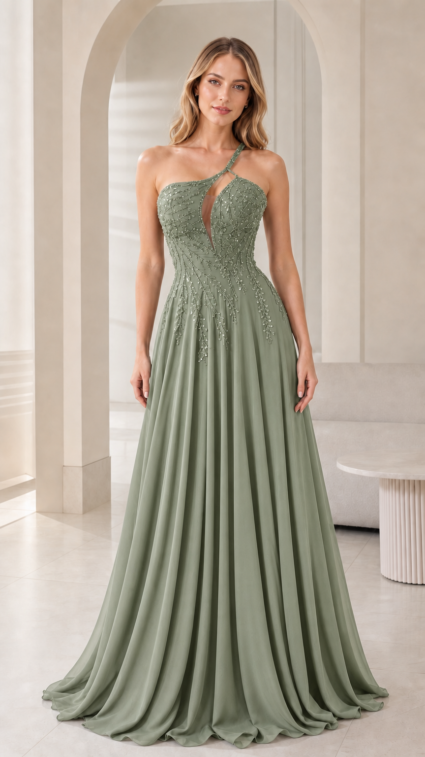 Front view of woman wearing sage green one-shoulder formal gown