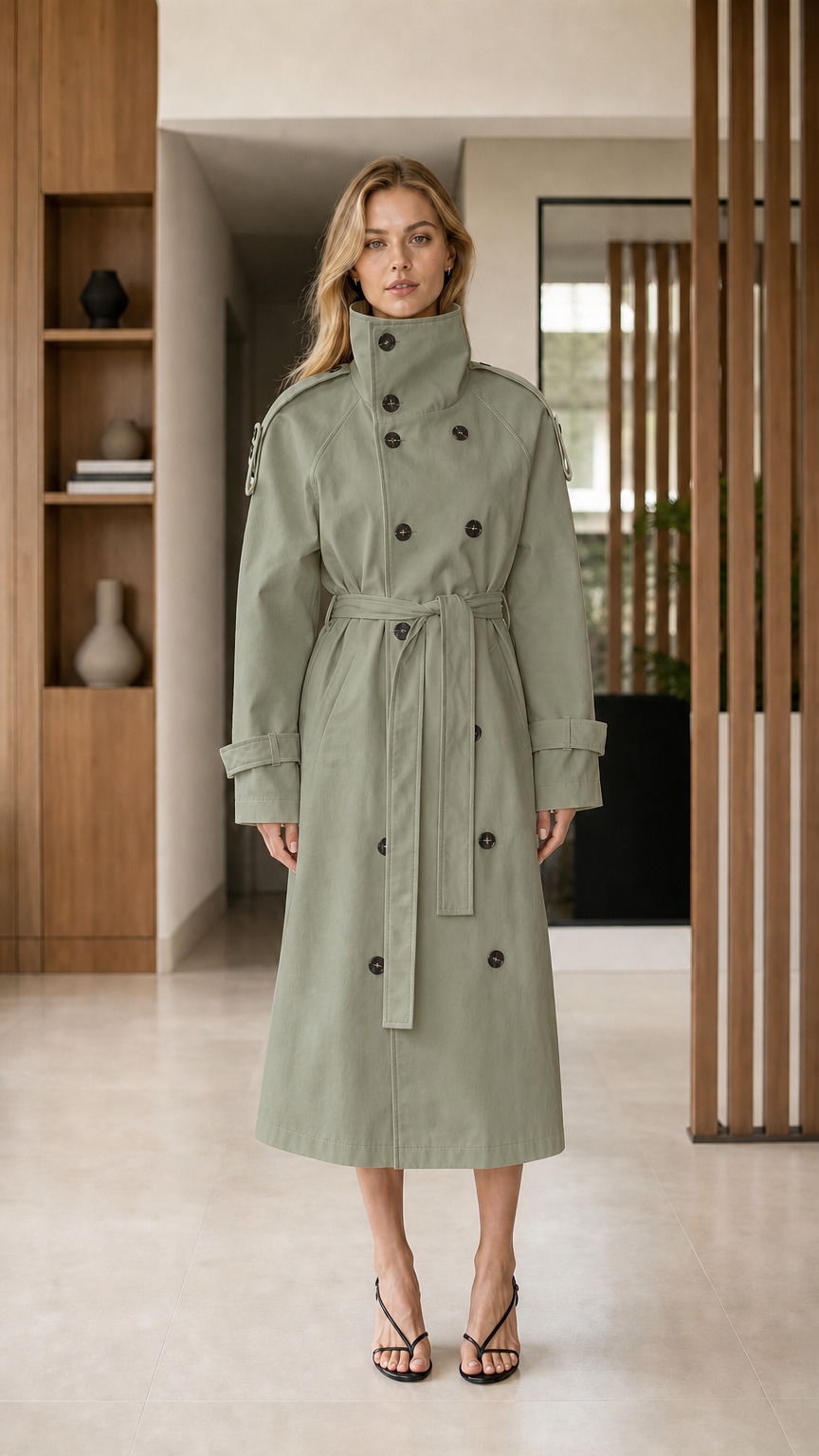 Front full-length view of Sage Green double-breasted high neck belted trench coat