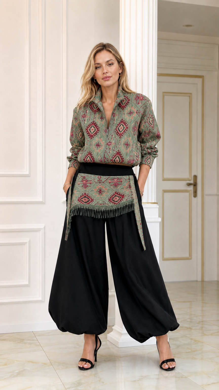 Front view of sage green geometric pattern blouse and black balloon pants two-piece set