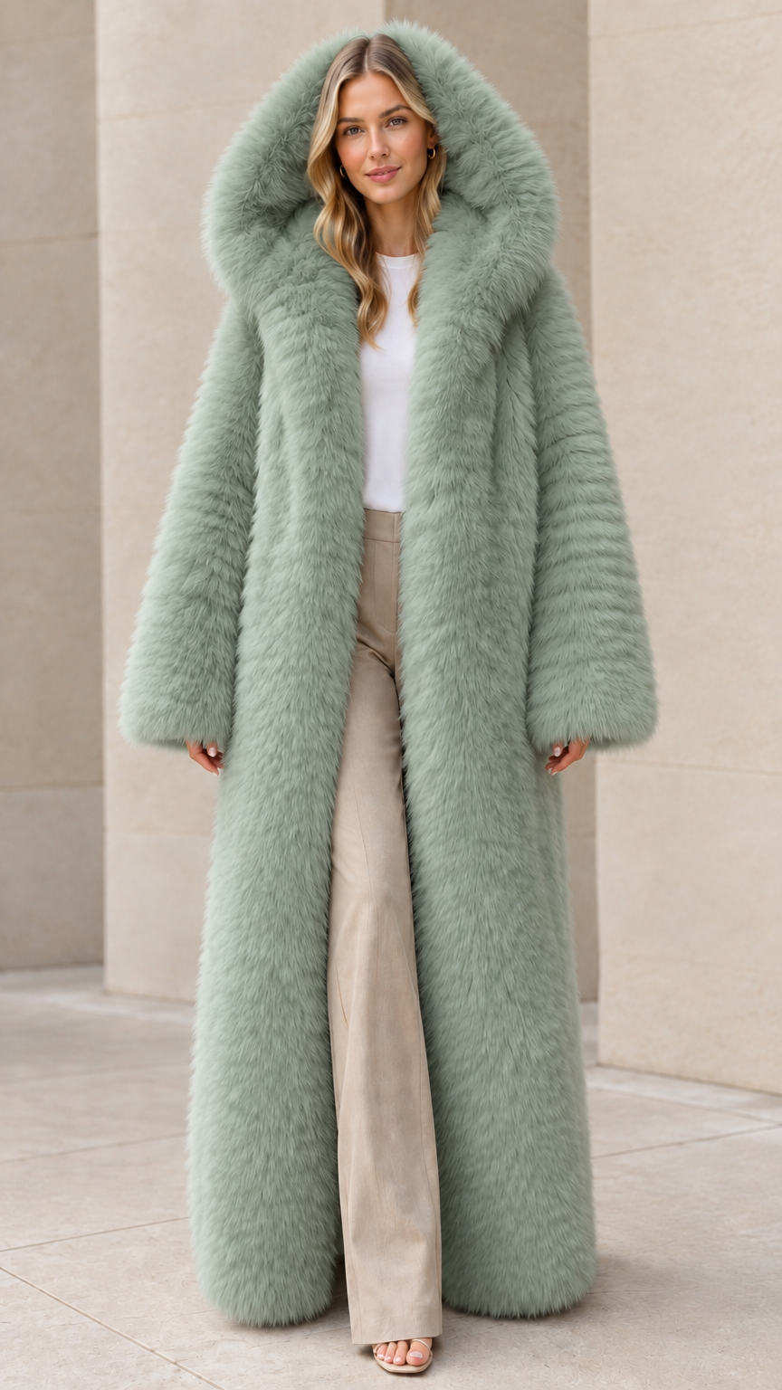 Women's sage green floor-length hooded faux fur overcoat
