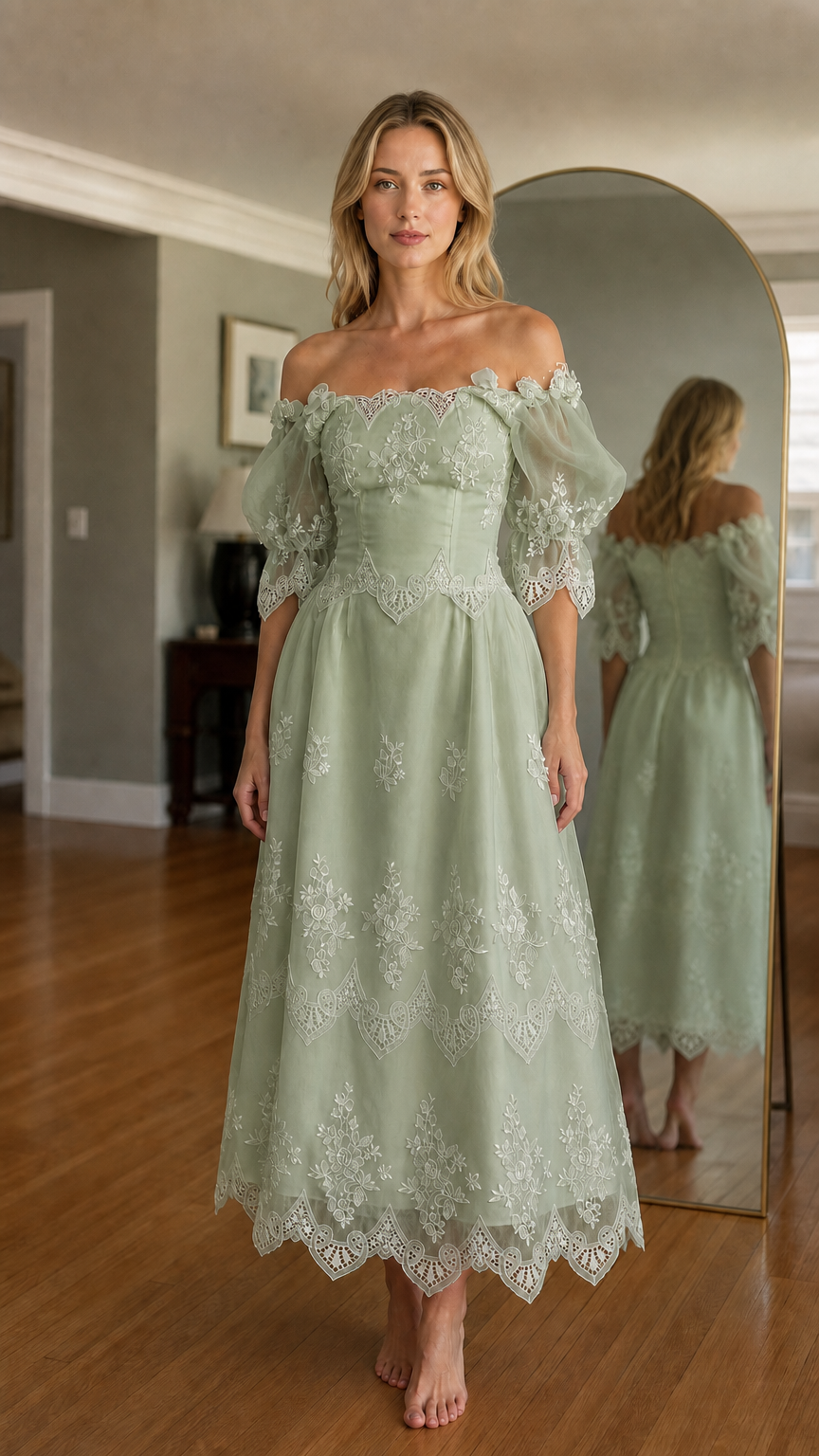 Woman wearing sage green off-shoulder embroidered midi dress