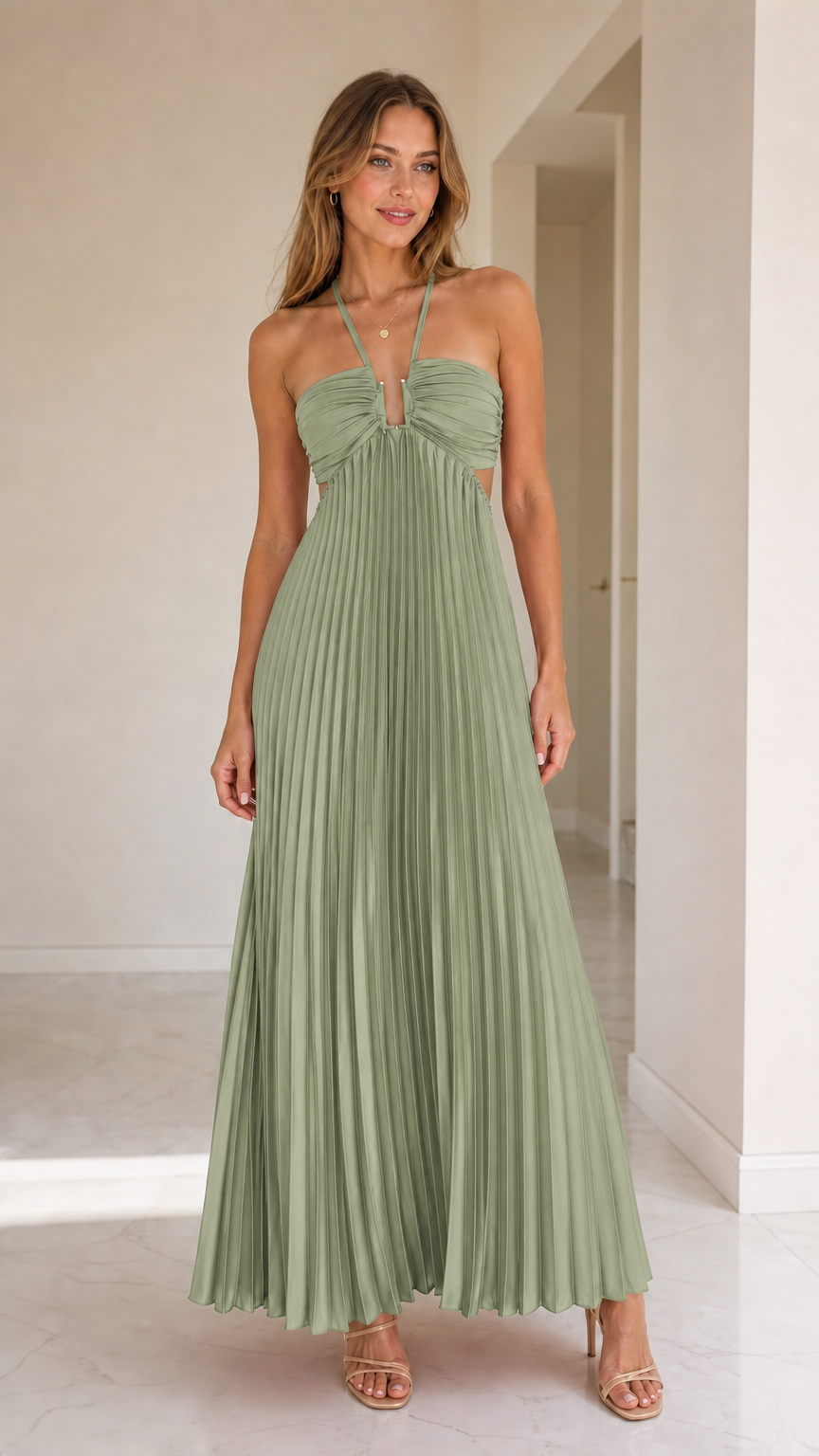 Model wearing sage green halter pleated maxi dress