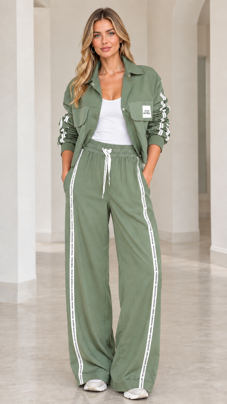 Model wearing Sage Green 2-piece cropped jacket and wide-leg track set