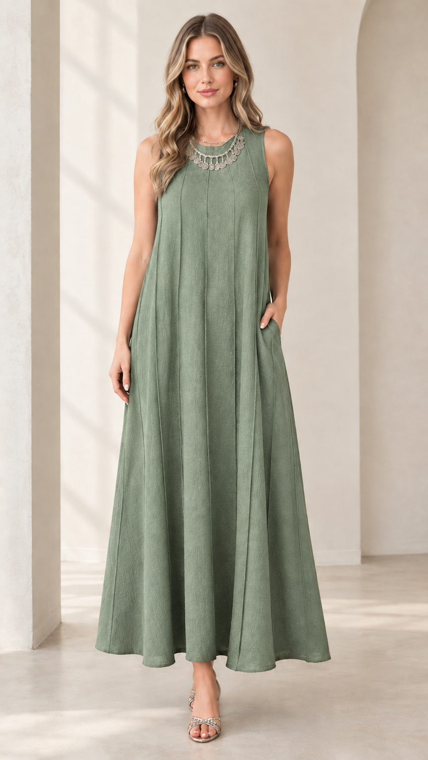Front view of woman wearing sage green sleeveless panel swing maxi dress with pockets