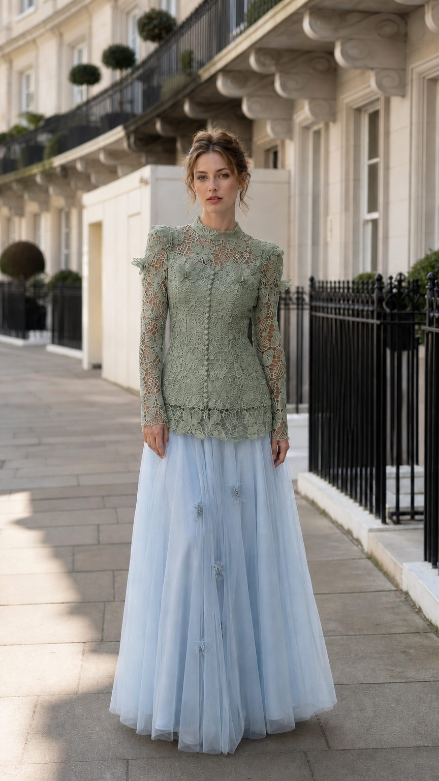 Full view of the sage green lace top paired with the light blue tulle skirt