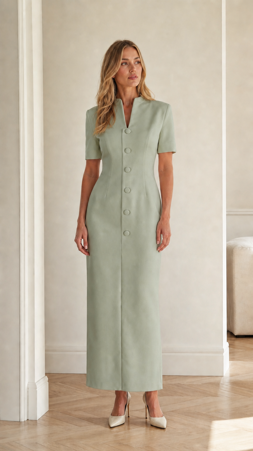 Front full view of sage green short sleeve stand collar column maxi dress