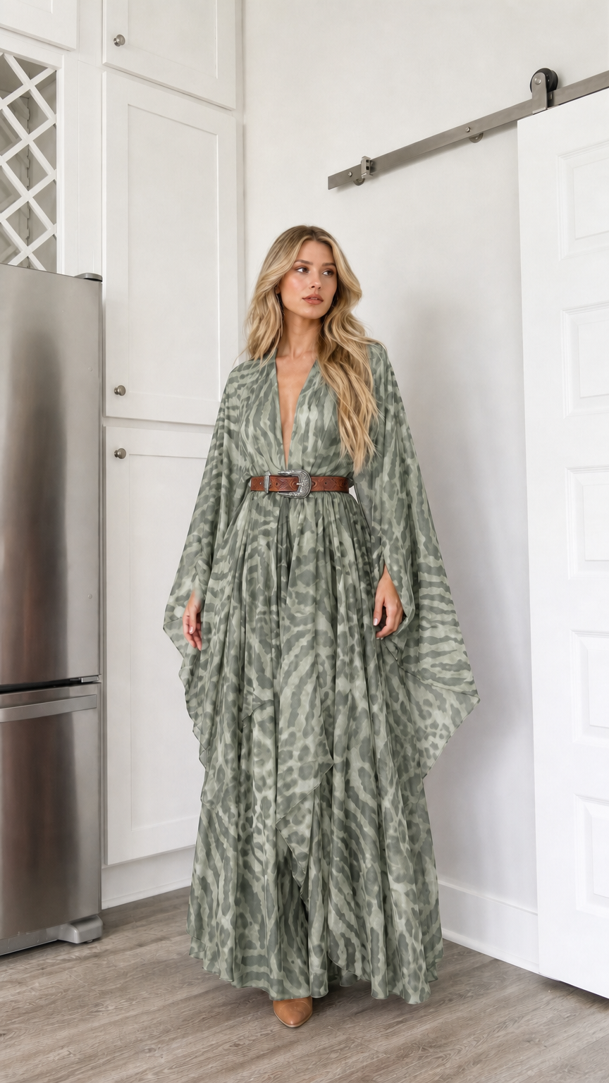Woman wearing sage green draped kimono sleeve maxi dress