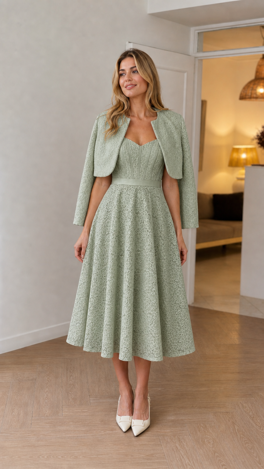 Sage Green lace sweetheart midi dress and bolero jacket set