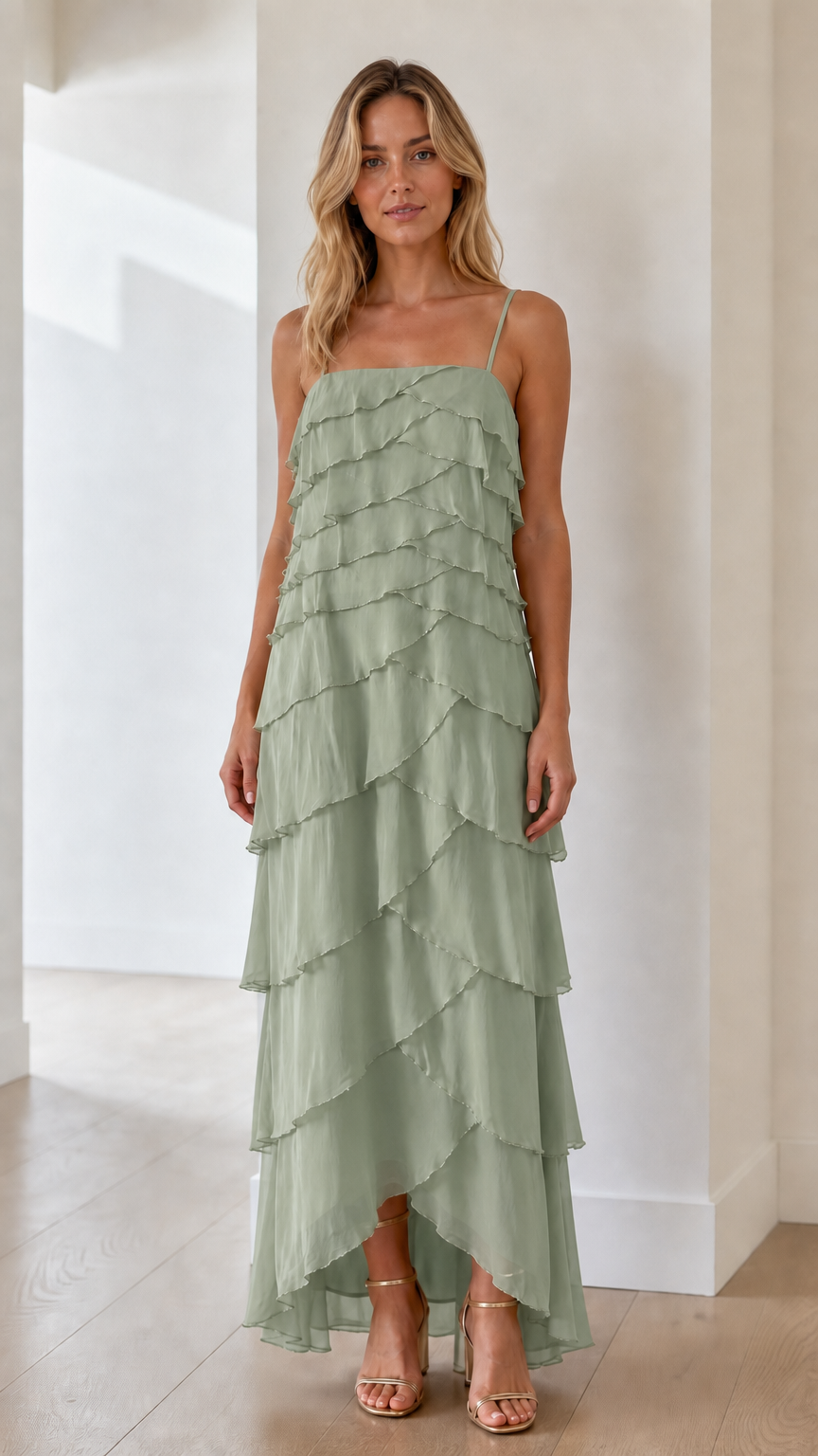 Model wearing sage green tiered ruffle maxi dress