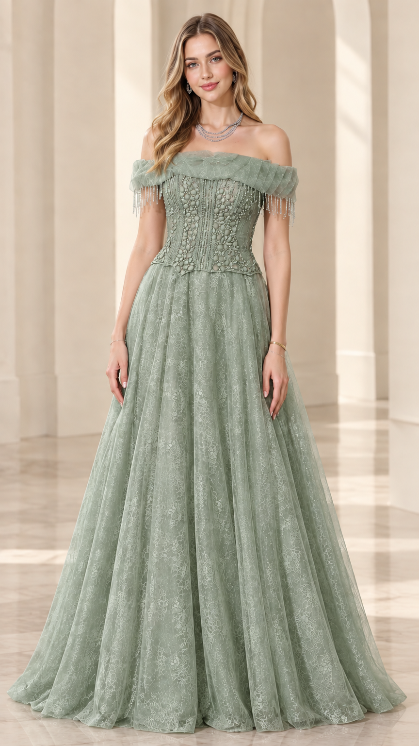 Sage green off-the-shoulder lace corset evening dress