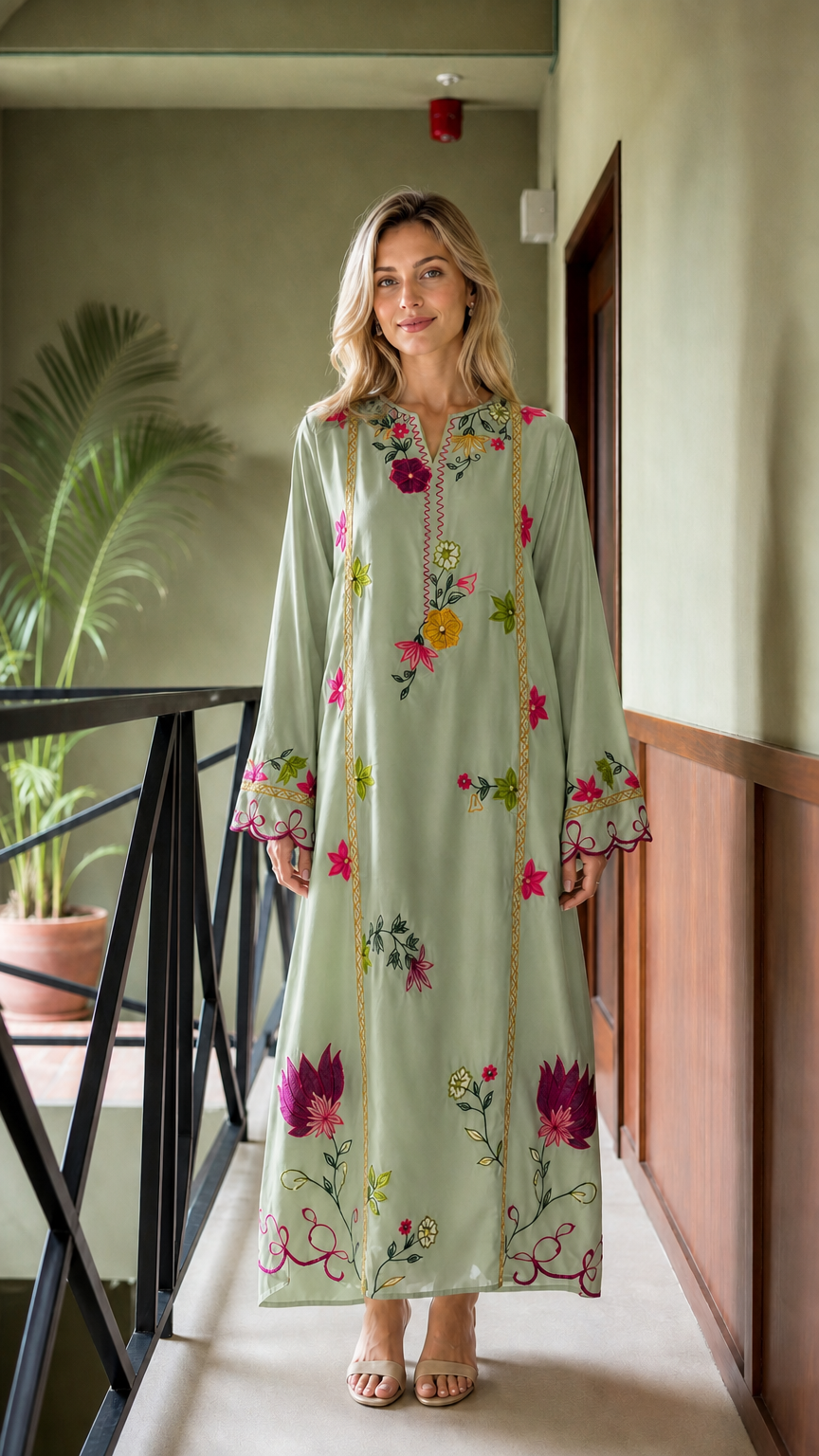 Model wearing Sage floral embroidered maxi kaftan dress
