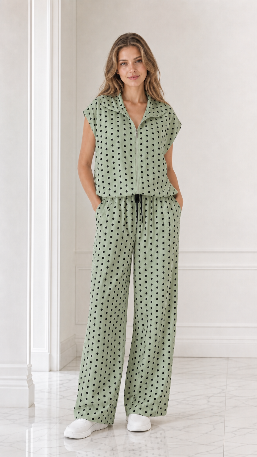 Model wearing sage green polka dot two-piece set with wide leg pants