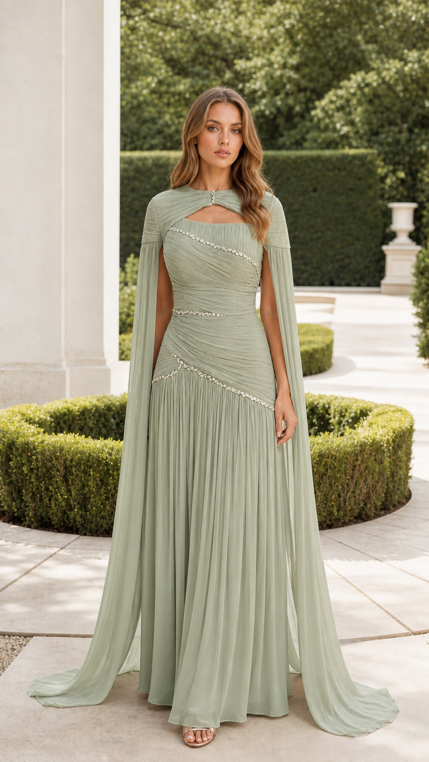 Sage green ruched formal maxi dress with keyhole cape neckline and rhinestone trim