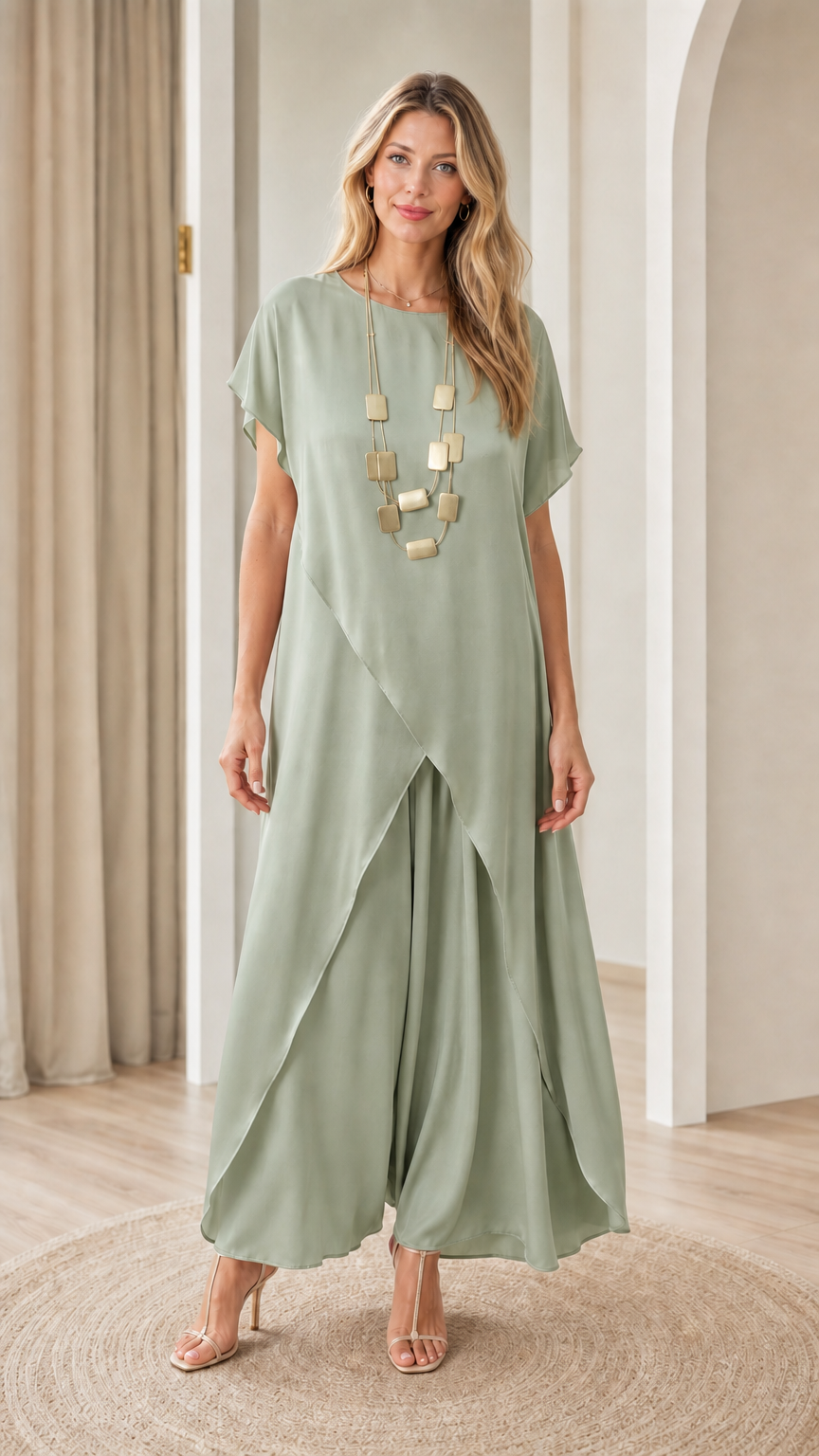 Full front view of model wearing sage green short-sleeve split tunic top and wide-leg pants